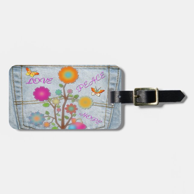 Étiquette À Bagage Denim Back Fleurs de poche Paix Aimer Espoir (Devant horizontal)