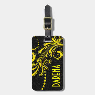 Étiquette À Bagage Dentelle florale jaune Damas noirs