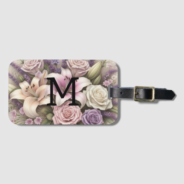 Étiquette À Bagage Dentelle monogramme florale roses violettes lis la (Devant Horizontal)