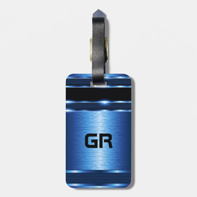 Étiquette À Bagage Design géométrique moderne en métal bleu (Dos Vertical)