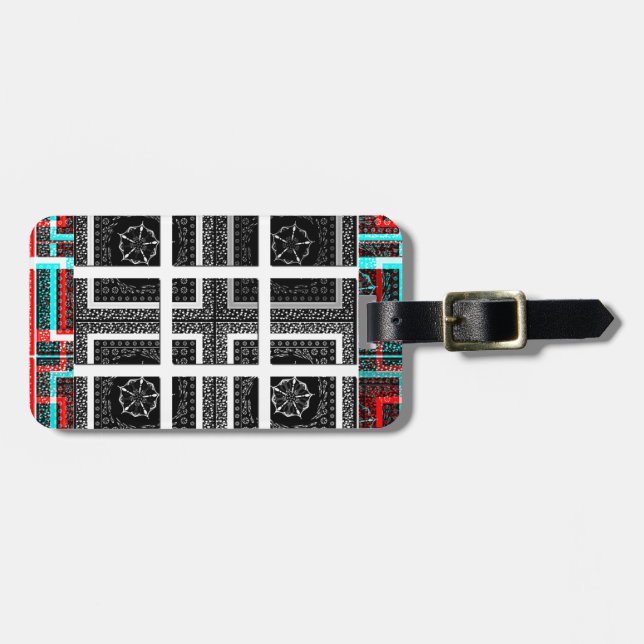 Étiquette À Bagage Design graphique À damiers noir, blanc et rouge (Devant horizontal)