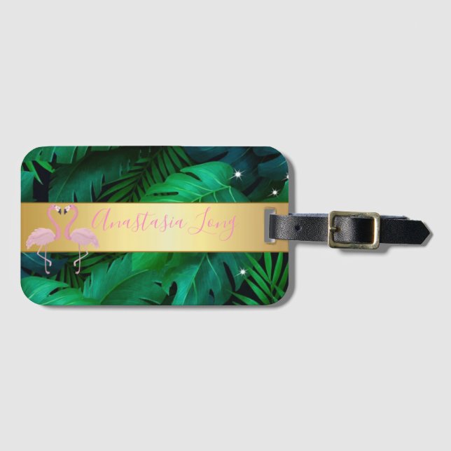 Étiquette À Bagage Design moderne, Feuilles Tropical Palm, Rose (Devant Horizontal)