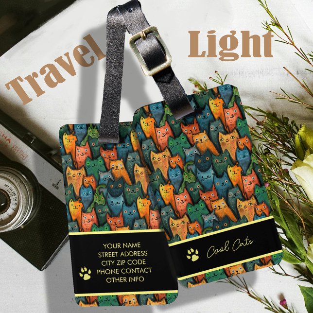 Étiquette À Bagage Dessin de chats cool coloré (Cool Cats Cartoon Colorful Luggage Tag)