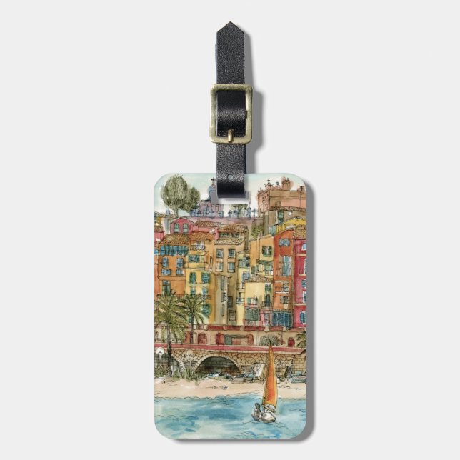 Étiquette À Bagage Destinations | Watercolor Beach & Bâtiments (Devant Vertical)