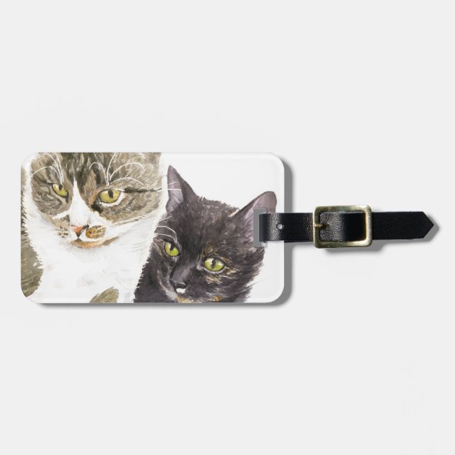 Étiquette À Bagage Deux chats - tabby et tortie (Devant horizontal)