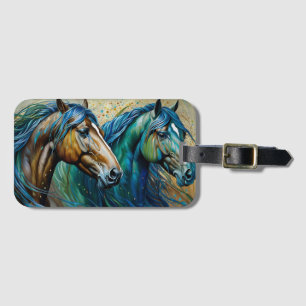 Étiquette À Bagage Deux chevaux Turquoise bleu vert brun