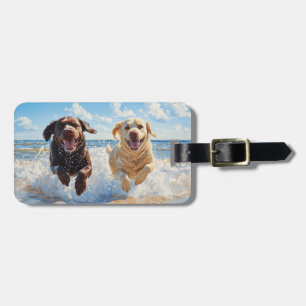 Étiquette À Bagage Deux Labradors Retrievers sur la plage