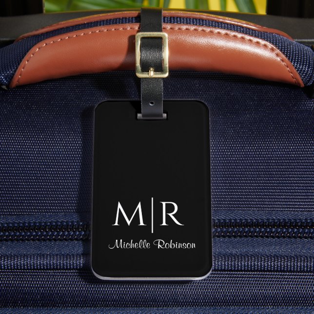 Étiquette À Bagage Deux Monogrammes élégant initial et nom noir (Insitu Rectoal 2)