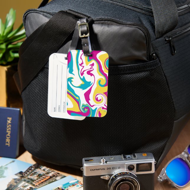 Étiquette À Bagage Déversement - Turquoise, Jaune, Rose et Blanc (Recto & Verso)