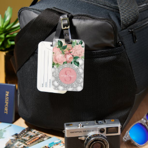 Étiquette À Bagage Diamants étincelants Rose Roses Monogramme