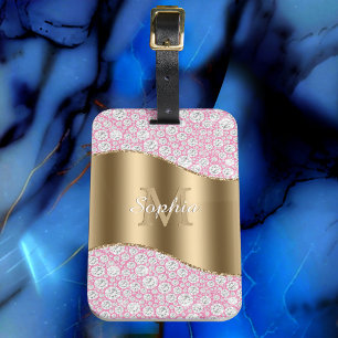 Étiquette À Bagage Diamants Glam sur Rose, Monogramme Or, Nom en Scri