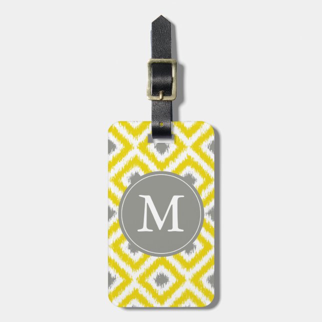Étiquette À Bagage Diamants gris jaune monogramme Motif Ikat (Devant Vertical)