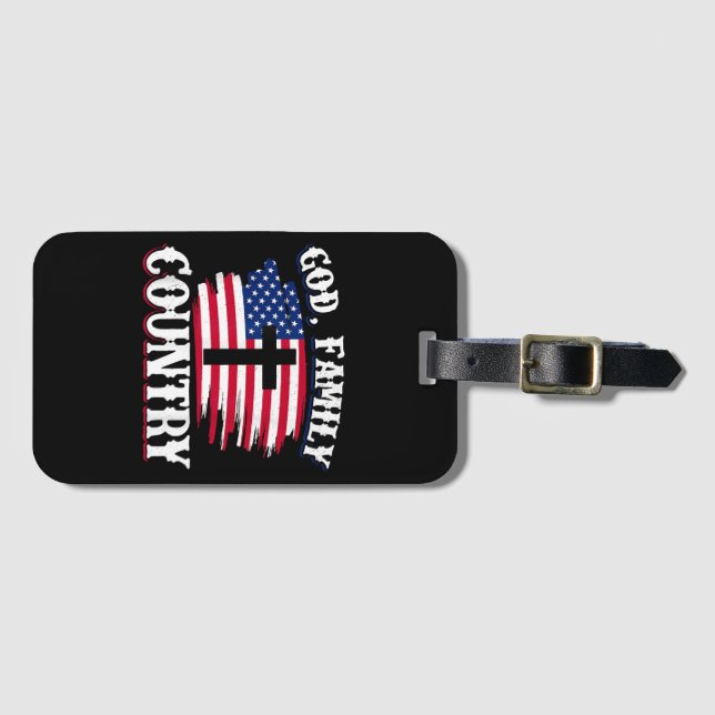 Étiquette À Bagage Dieu Famille Pays American Drapeau Croix Christian (Devant Horizontal)