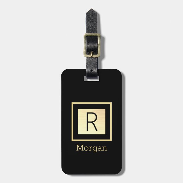 Étiquette À Bagage do-it-yourself Nom & Monogramme, Boîte noire & or, (Devant Vertical)