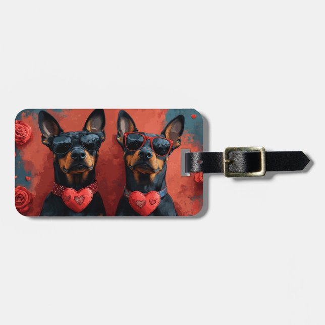 Étiquette À Bagage Doberman aux roses de la Saint-Valentin (Devant horizontal)