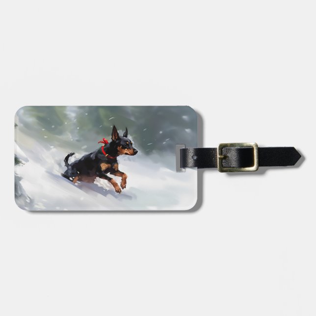 Étiquette À Bagage Doberman Pinscher Noël neige hiver (Devant horizontal)