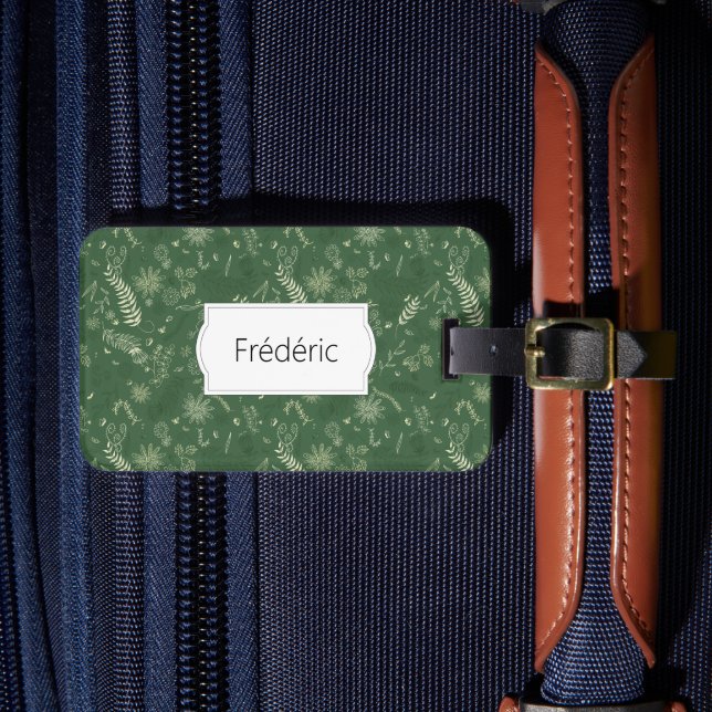 Étiquette À Bagage Doodles floraux ivoires sur vert (Insitu Rectoal 4)