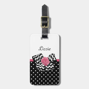 Étiquette À Bagage Dots noirs mignons Rose Chevron Bow et nom
