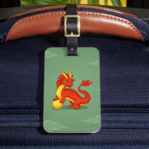 Étiquette À Bagage Dragon Chinois Rouge sur Fond Vert