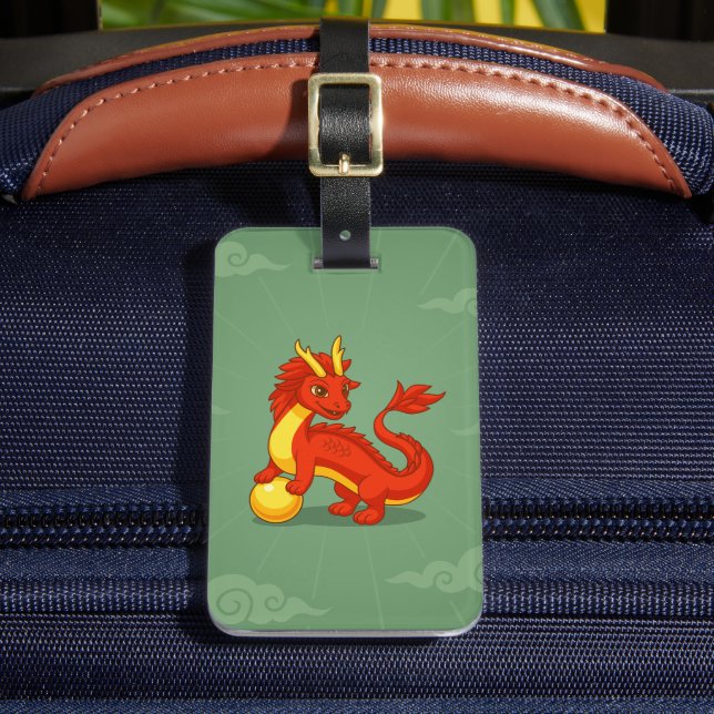 Étiquette À Bagage Dragon Chinois Rouge sur Fond Vert (Insitu Rectoal 2)