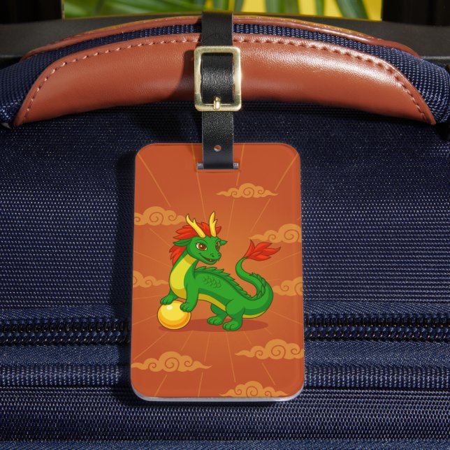 Étiquette À Bagage Dragon Chinois Vert sur Fond Rouge (Insitu Rectoal 2)