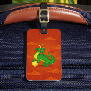 Étiquette À Bagage Dragon Chinois Vert sur Fond Rouge