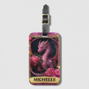 Étiquette À Bagage Dragon Fuchsia Romantique et Roses Fantastique