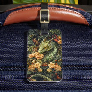 Étiquette À Bagage Dragon vert enchanté avec élégant tableau floral