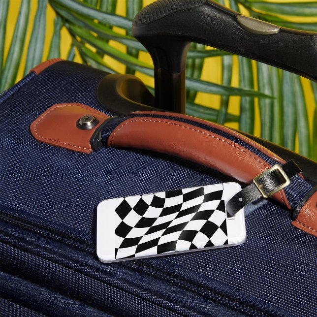 Étiquette À Bagage Drapeau à carreaux noir et blanc ondulé de course (Créateur téléchargé)