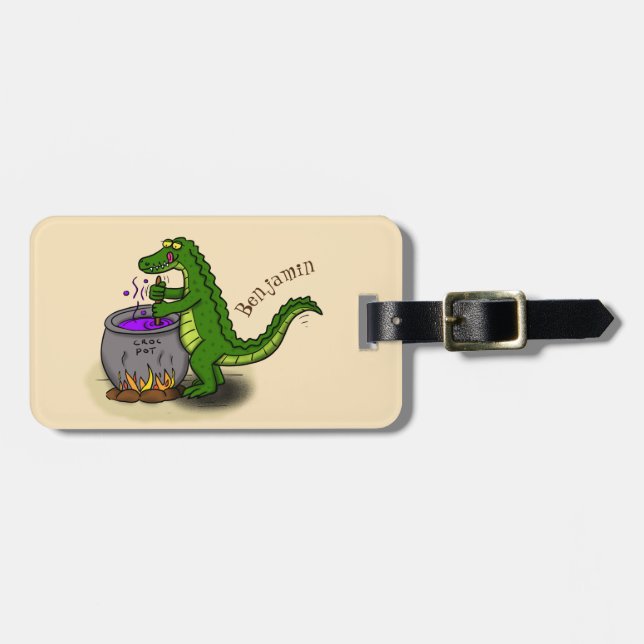 Étiquette À Bagage Drôle alligator vert cuisine dessin animé (Devant horizontal)