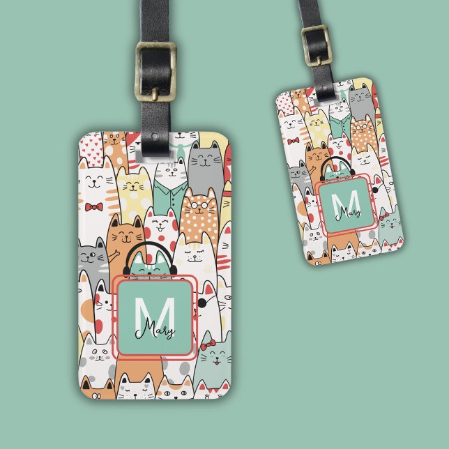 Étiquette À Bagage Drôle Amoureux des chats Nom Pastel Sur Monogram T (Créateur téléchargé)