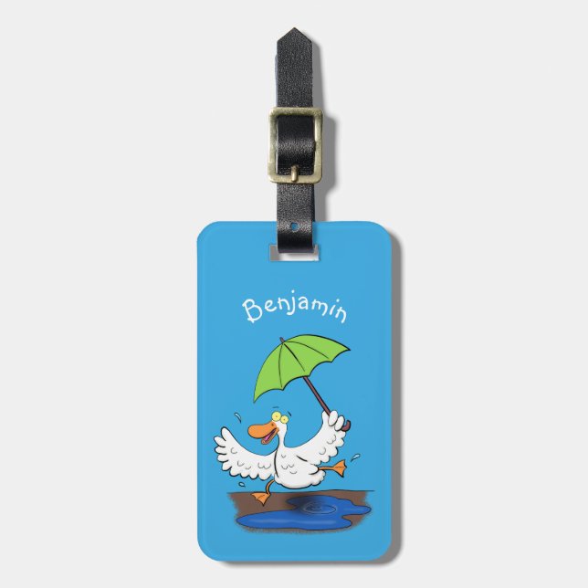 Étiquette À Bagage Drôle canard avec parapluie dessin animé (Devant Vertical)