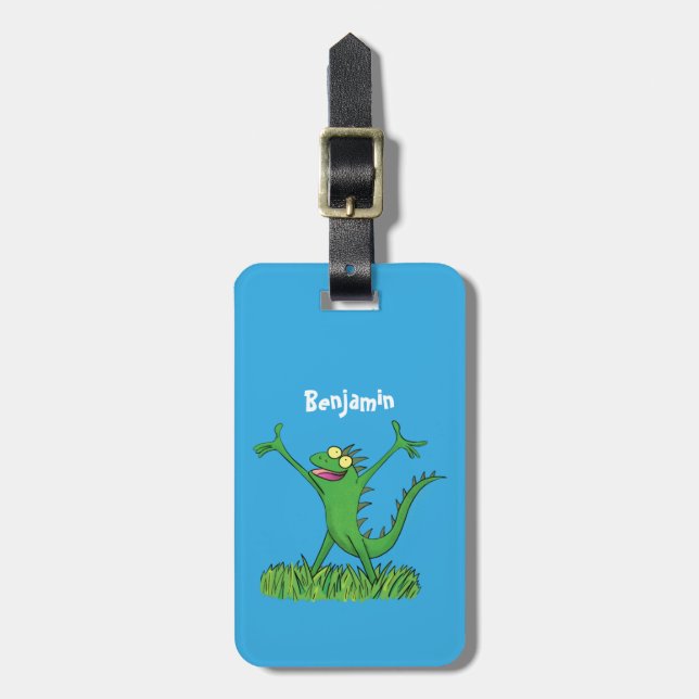Étiquette À Bagage Drôle vert souriant animé lézard d'iguane (Devant Vertical)