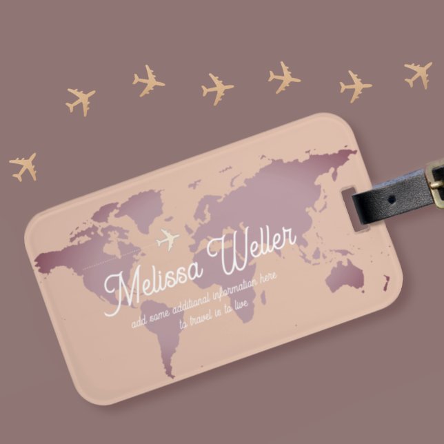 Étiquette À Bagage Dusty Purplish World Map avec nom de voyageur (Créateur téléchargé)