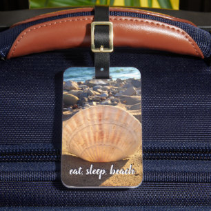 Étiquette À Bagage Eat Sleep Beach Citation Modern Seashell Script ph