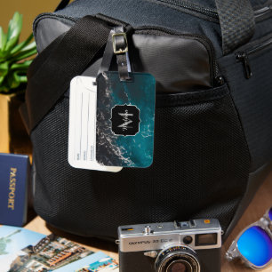 Étiquette À Bagage Eau sombre noir bleu mousse ondulée Monogramme