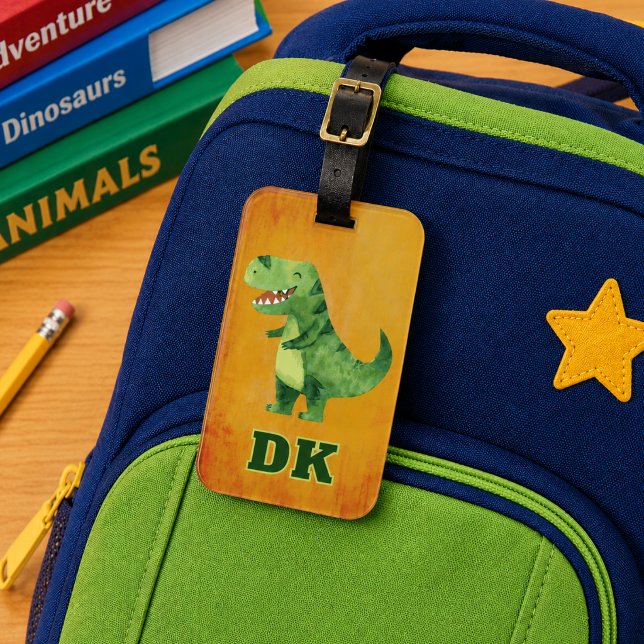 Étiquette À Bagage École d'ID de dinosaure personnalisée (Fun dinosaur child's school backpack or sports bag ID tag. Monogrammed with initials. )