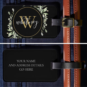 Étiquette À Bagage Écriture Chic Feuillage Or Monogramme Noir