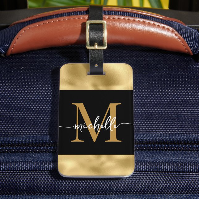 Étiquette À Bagage Écriture de monogramme élégante noir et métallisé  (Insitu Rectoal 2)