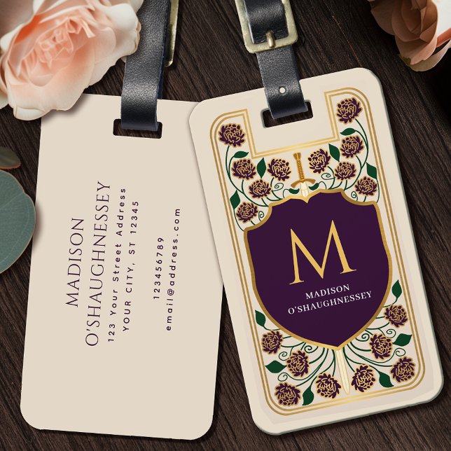 Étiquette À Bagage Eggplant Sword Shield Imaginaire médiéval Monogram (Créateur téléchargé)