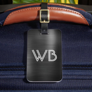 Étiquette À Bagage Élégant 2 Monogrammes initial Black Metal élégant