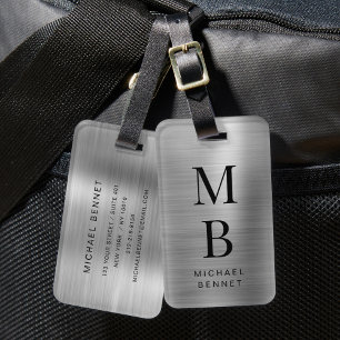 Étiquette À Bagage Élégant argent monogrammé brossé métal
