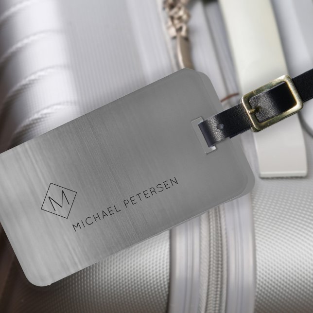 Étiquette À Bagage Élégant argent monogrammed nom moderne (Créateur téléchargé)