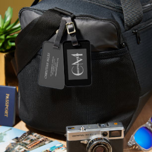Étiquette À Bagage Élégant argent noir monogrammé Nom personnalisé