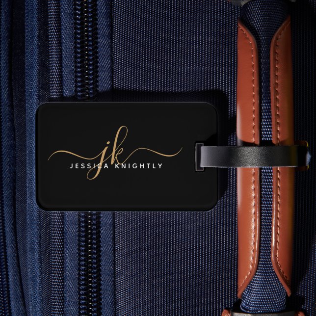 Étiquette À Bagage Élégant Black Gold Script Monogramme Nom Simple (Verso Insitu 2)