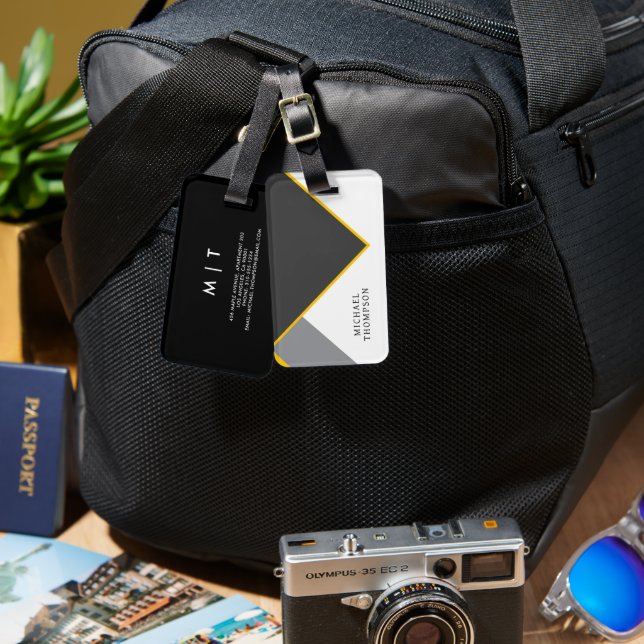 Étiquette À Bagage Elegant Black & Golden Border geometric Background (Recto & Verso)