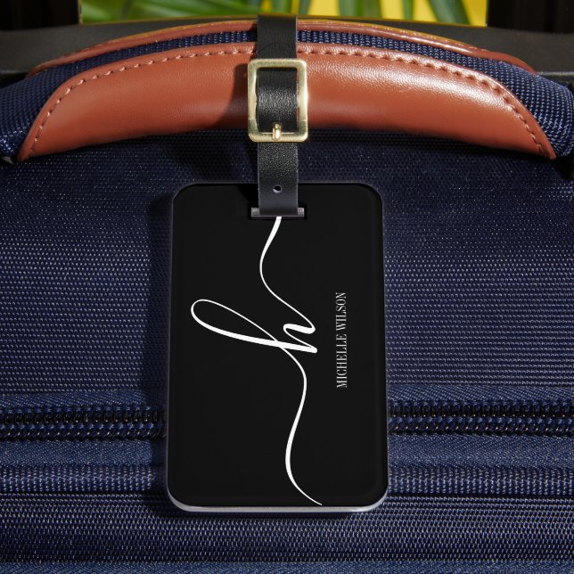 Étiquette À Bagage Elegant Black White Monogram Initial Script Name  (Insitu Rectoal 2)