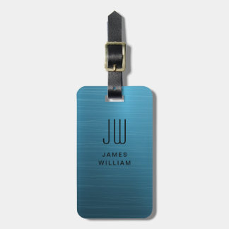 Étiquette À Bagage Élégant Bleu Brossé Métal Monogramme