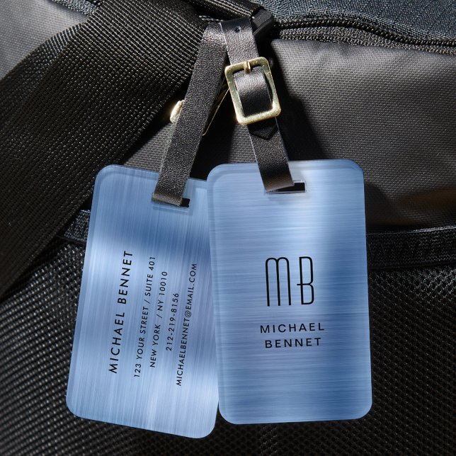 Étiquette À Bagage Élégant Bleu Brossé Métal Monogramme (Elegant Blue Brushed Metal Monogrammed Luggage Tag)