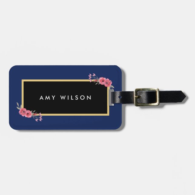 Étiquette À Bagage Élégant Bleu chic et aquarelle Sac floral (Devant horizontal)